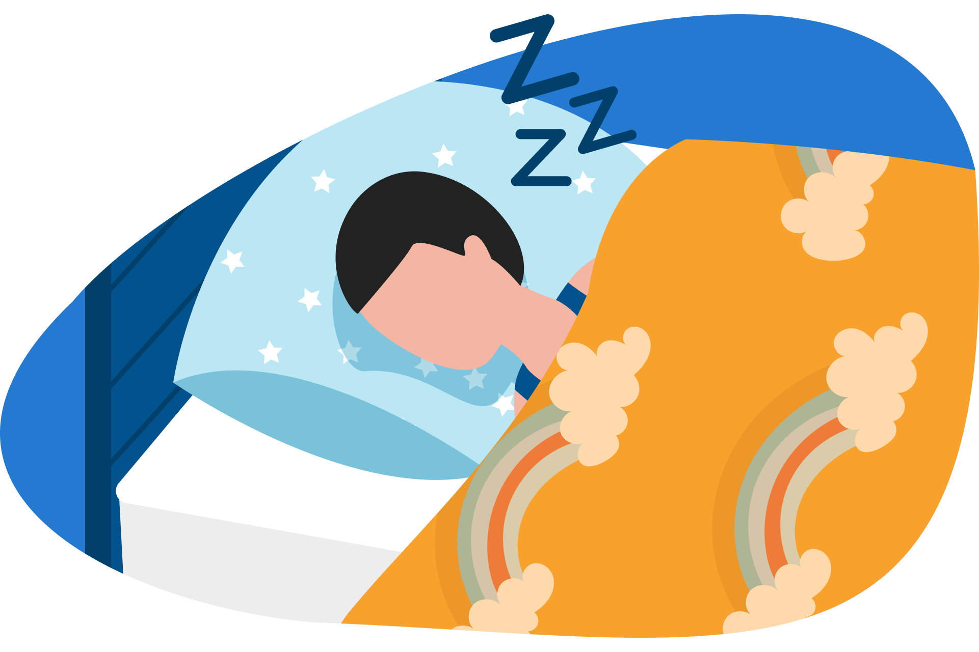 Ilustração de criança a dormir na cama com fronha de almofada colorida